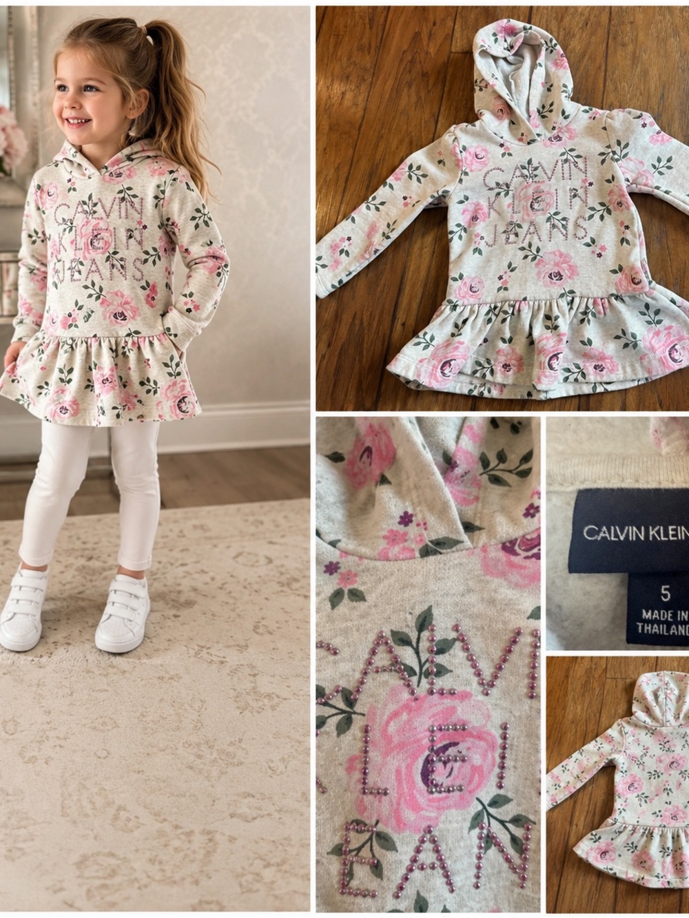 Calvin Klein Jeans Girls Floral Hoodie Peplum Dress Size 5 Pink Roses